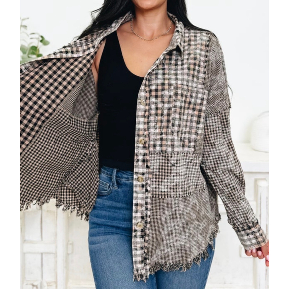 Women's Oli & Hali Plaid Patchwork Button Down Shirt L Brown Black - Picture 7 of 11